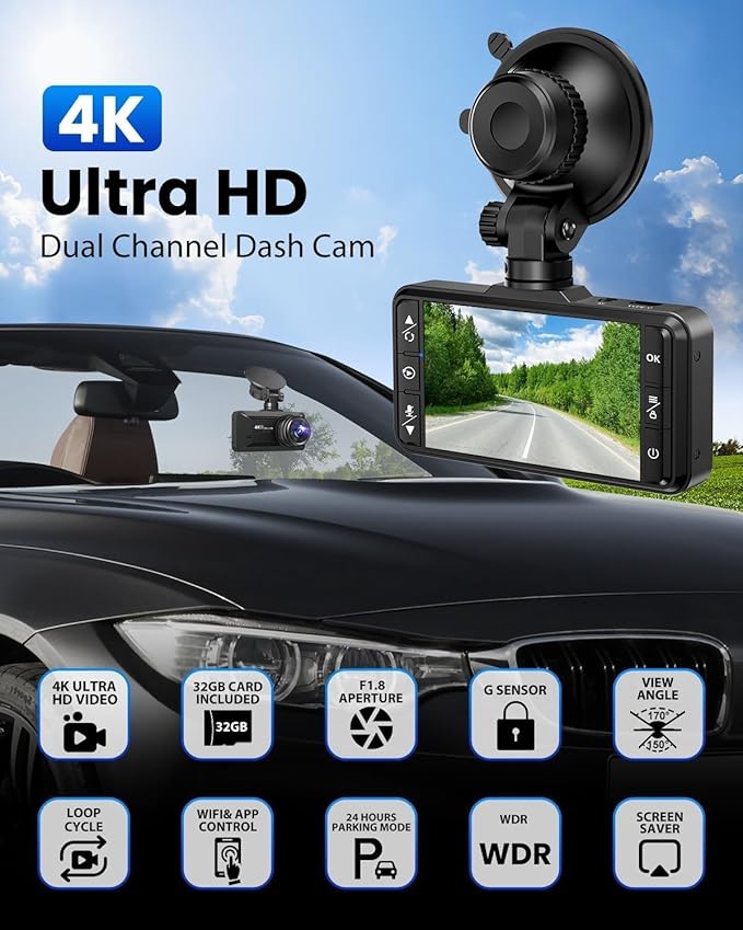 Dash Cam Front and Rear 4K/1080P, Dash Camera for Cars Build in WiFi, Full HD Dash Cam with APP Control, 3.94'' IPS Screen Dash Camera with 32GB SD Card, G-Sensor, Loop Recording (Dark Grey)