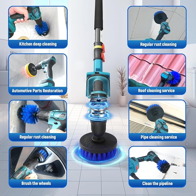 Cordless Telescoping Power Drill&Cleaning Tools with 1-Max 20V Battery and 2.0A Charger.2-in-1 Cordless Pole Drill and Cleaning Brush with 10Pcs Drill Bits and 7Pcs Drill Brush(Jovant)