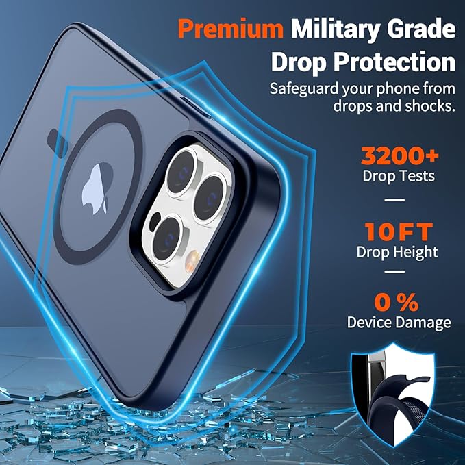 SUPFINE Magnetic for iPhone 14 Pro Max Case with Screen Protector (Compatible with MagSafe) (Military Grade Drop Protection) Translucent Matte Shockproof Phone Cover,Dark Blue