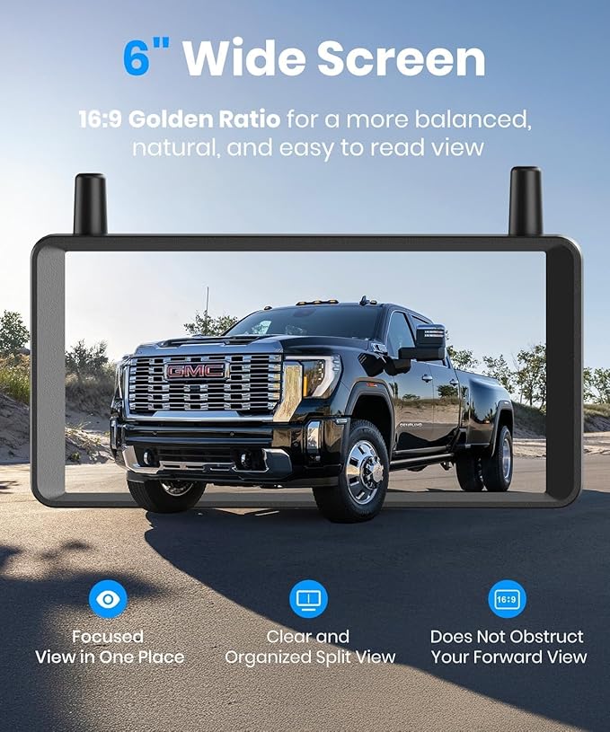 AUTO-VOX 6 Inch Solar Backup Camera Wireless: 2 Minute Install, 16:9 1080P HD Monitor, Dual Channel Split Screen, Clear Live View, DVR Recording, IP69K Waterproof Back up Camera for Car,Truck, Trailer