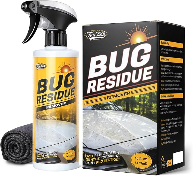 Bug Remover for Cars Exterior - Tree Sap Remover for Car, Quickly Dissolves Bird Poop, Water Spots, Resin & Grease - Safe on Paint, Glass, Chrome & Rubber, Microfiber Towel for Easy Cleaning, 16 fl oz