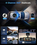 4 Channel 360° Dash Camera Front and Rear Inside Left Right, 3.16 Inch Dash Cam for Cars, Built-in Night Vision, Sensitive Motion Detection 24/7 Recording Parking Mode Monitor Reversing Help
