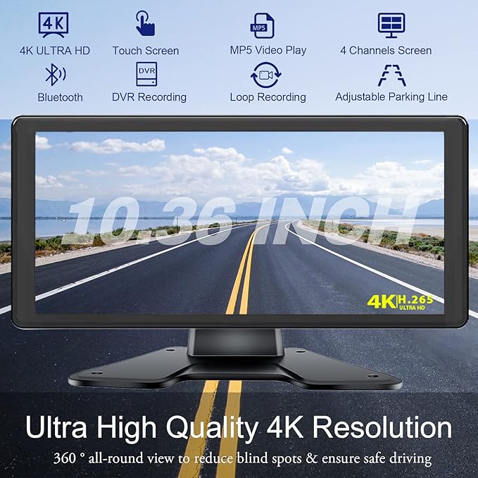 4K RV Backup Camera System 10.36" Quad Split Touch Screen Monitor with 4 1080P Rear Side View Camera, DVR Recording Bluetooth MP3 MP5 IP69 Waterproof Night Vision for RV Truck Trailer Tractor