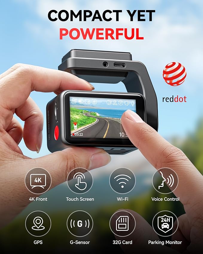 REDTIGER F4 4K Dash Cam Front, 2.2 inch Mini Car Camera, 2160P UHD Touch Screen, Voice Control, Included 32GB Card, Night Vision, Built-in GPS, WiFi APP Control, Loop Recording, 24H Parking Monitor