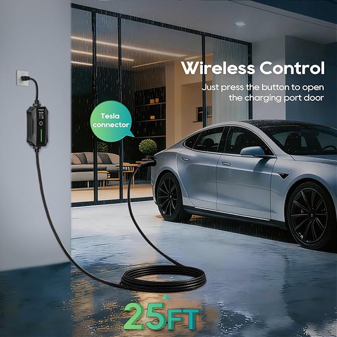 Level 1/2 Portable EV Charger for Tesla Model Y/3/S/X, Home 240V 16A (NEMA 6-20) & 120V 12A(NEMA 5-15 Adapter), Adjustable 8-16A, NACS, 25ft Cable, ETL Certified, LCD Display, Travel Bag