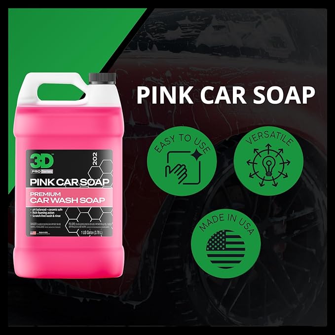 3D Pink Car Soap (1 Gallon) + Hydro-FIL XL Drying Towel (Grey) – pH Neutral High Suds Car Wash & Ultra Absorbent 20” x 31.5” Drying Cloth