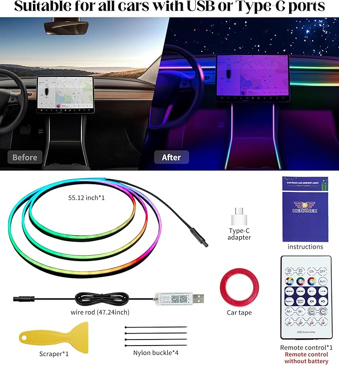 KENANEK 55.12Inch Tesla Interior Lights, 5V USB & Type-C Powered, Acrylic Interior Car LED Strip Lights, App Controlled Music Sync, OEM-Style Ambient Lighting with Dreamcolor Effects