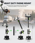 Heavy Duty Truck Phone Mount, Aluminum 360° Rotating Anti-shake Suction Cup Phone Mount, 14.5" Long Arm Metal Windshield Phone Holder for Car Truck Semi, Fits Thick Cases F-150 Silverado RAM Kenworth