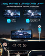 Portable Apple Carplay Screen, 10’’ Car Stereo Wireless Car Play & Android Auto Touch Screen, 4K Dash Cam, 1080P Backup Camera, Mirror Link/Voice Control/Music Play/GPS Navigation