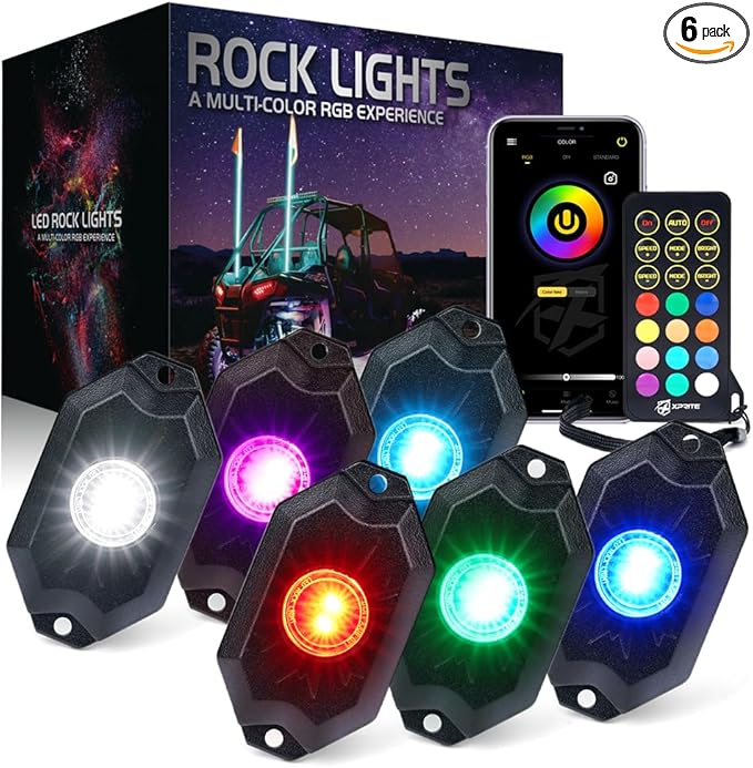 Xprite RGBW LED Rock Lights Kit with Bluetooth & Wireless Remote Controller, Multicolor Cars Underglow, Wheel, Footwell Neon Light Kits, for Off-Road UTV ATV Trucks SUV Motorcycle Boats - 6 Pods