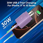 iPhone 17 16 15 Charger Fast Charging 10FT Cable, 30W USB C Charger Block for i Phone 15 16 16e 17 Air Plus Pro Max/iPad Pro/AirPods, PD USBC Power Adapter Wall Plug & Type C to C Cord (Purple, 10FT)