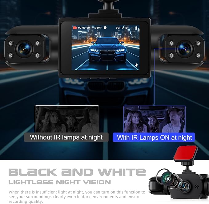 Dash Cam Front and Rear, 1080P Dash Camera for Cars, 4 Channel Car Camera Front Rear and Inside with Loop Recording, Night Vision, HDR, 24Hr Parking, G-Sensor, Night Vision