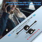 5Pack Retractable Car Charger USB C Cable Android Phone Charger Fast Charging Cord 3.3FT for iPhone 17 Pro Max 16e 15,Samsung Galaxy S26 Ultra/A17/A36/A37/A57/A56/S25FE/A16/A54/S24/Z Fold7,Pixel 10a 9