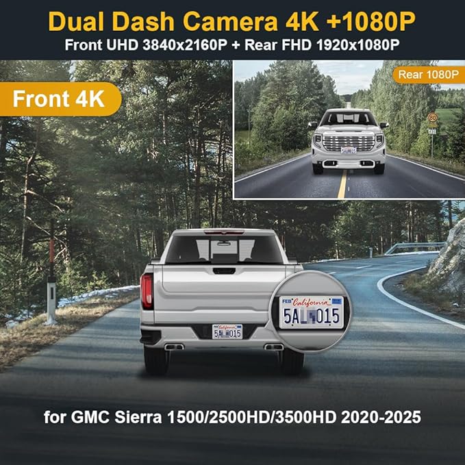 Fitcamx Dual 4K+Rear 1080P Dash Cam Adapts for GMC Sierra 2020-2026 (HD2-4925, Check Vents Amount), OEM Look, 2 Way HD Video, WiFi & APP, Loop Recording, G-Sensor, Easy to Use, 2 Cables/128GB Card