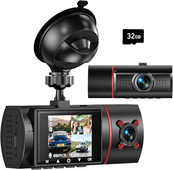 Dual Dash Cam Front and Inside, 1080P Dash Camera for Cars Dashcam with 32G Card, 24H Parking Monitor, Night Vision, G-Sensor, Loop Recording Car Camera for Taxi Truck Driver