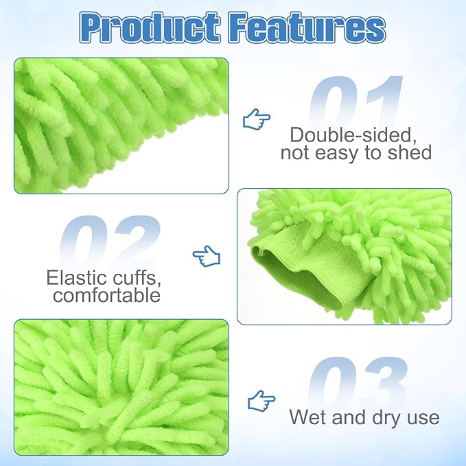 HARFINGTON 4pcs Chenille Microfiber Car Wash Mitts 9" x 5.5" Scratch Free Wash Gloves Absorbent Double Sided Plush Cleaning Drying Mitts for Car Washing Home Clean Blue Lime Green