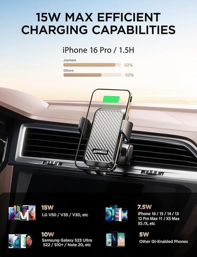 JOYMASS Wireless Car Charger, Phone Holders for Your Car, 15W Auto Clamping Phone Mount Car Accessories for iPhone 16 15 14 13 12 Mini Pro Max 11 XR XS, Samsung Galaxy S24 Ultra S23 S22+ Note 20, etc