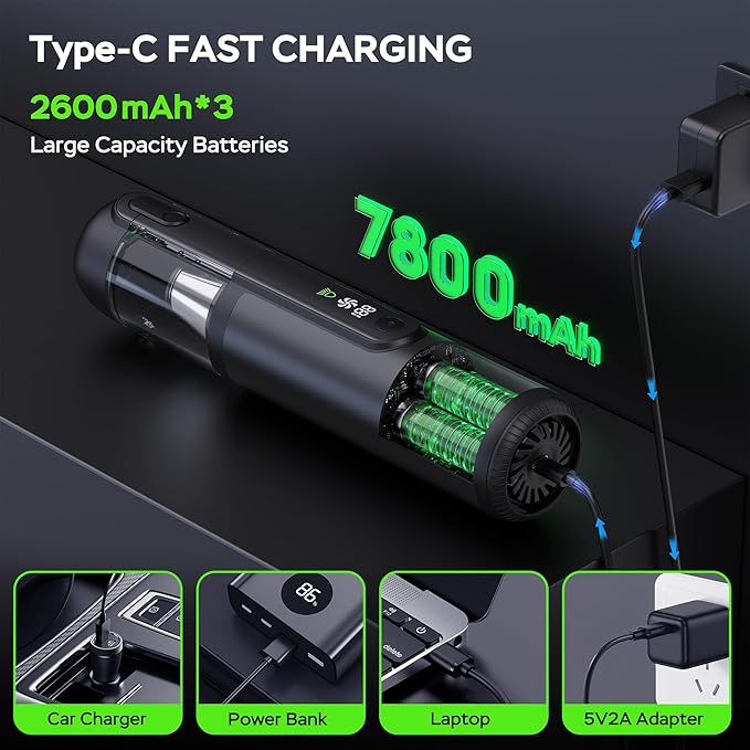 Portable Car Vacuum Cordless, 18000Pa 4-in-1 Suction Power Mini Vacuum Cleaner, 120W Brushless Motor Handheld Vacuum Cordless Rechargeable, 7800mAh Battery, LED Light, Black