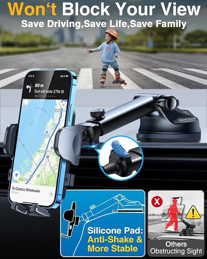 YRU True Military-Grade [360° Rotation Suction] 2026 Ultimate Car Phone Holder Mount 【90+LBS Safest Strongest & Patent Certs】 Dash Windshield Vent for iPhone 17 16 Pro Max Speaker Stands, Gloss Black
