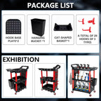 Auto Detailing Cart with Wheels, 3 Tier Rolling Detail Cart with Long Hanging Plate & Hooks & Hanging Bucket & Cat Ear Basket, for Detailers Garage, Workshop, Repair Shop, Storage Tool