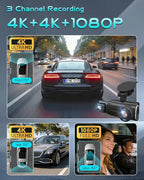 3 Channel Dash Cam Front and Rear, 4K+4K+1080P Car Camera, Free 128GB Card, Built-in GPS, ADAS, 5.8GHz WiFi & APP, Super Night Vision, G-Sensor, Loop Recording, 24H Parking Mode Dash Cam（Black）