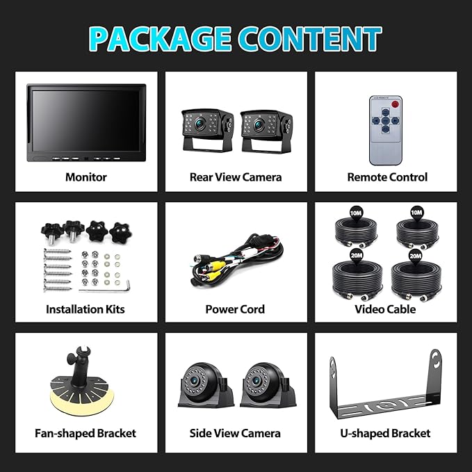 Fookoo Ⅱ 10" 1080P Wired Backup Camera System Kit,10" HD Quad Split Screen Monitor with Recording IP69 Waterproof Rear View Side View Camera Parking Lines for Truck/Semi-Trailer/Box Truck/RV(DY104)