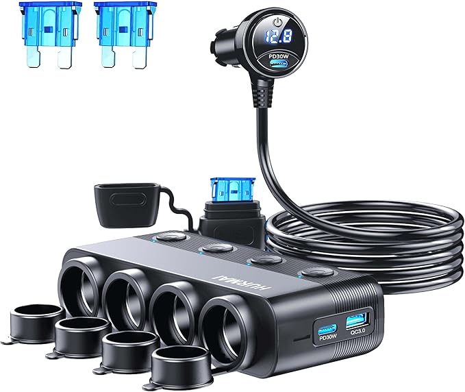HURMAI Cigarette Lighter Splitter Adapter 216W 4 Socket Heavy Duty Truck Car USB Chager Multi Port with PD30W/QC3.0 Charge USB C 12V/24V Independent Switches & Dust Cover & Waterproof for Car Devices