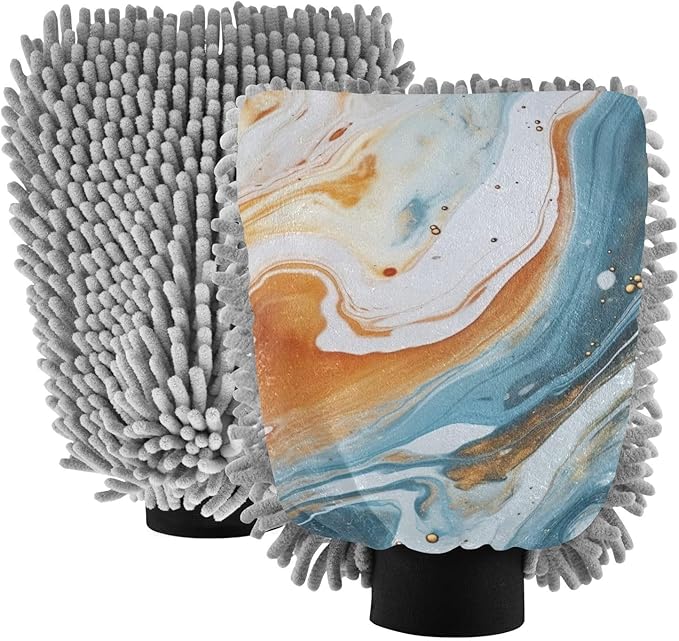 YETTASBIN Blue Gold Marble 2PCS Car Wash Mitts, Ultra Absorbent Chenille Microfiber Car Washing Gloves, Scratch-Free Lint-Free Auto Cleaning Mitt, Machine Washable Elastic Cuff Car Wash Sponge