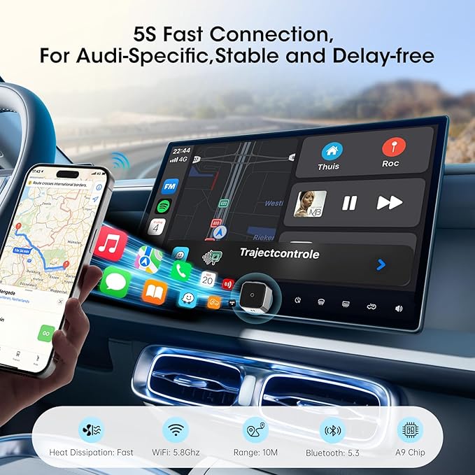 Wireless Carplay Adapter for iPhone, Convert Wired to Apple Carplay Wireless Adapter, Mini Size, Plug and Play, Connection Stable No Delay Car Play for Audi Specific Models