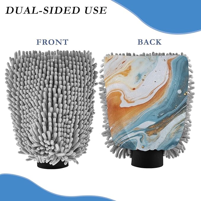 YETTASBIN Blue Gold Marble 2PCS Car Wash Mitts, Ultra Absorbent Chenille Microfiber Car Washing Gloves, Scratch-Free Lint-Free Auto Cleaning Mitt, Machine Washable Elastic Cuff Car Wash Sponge
