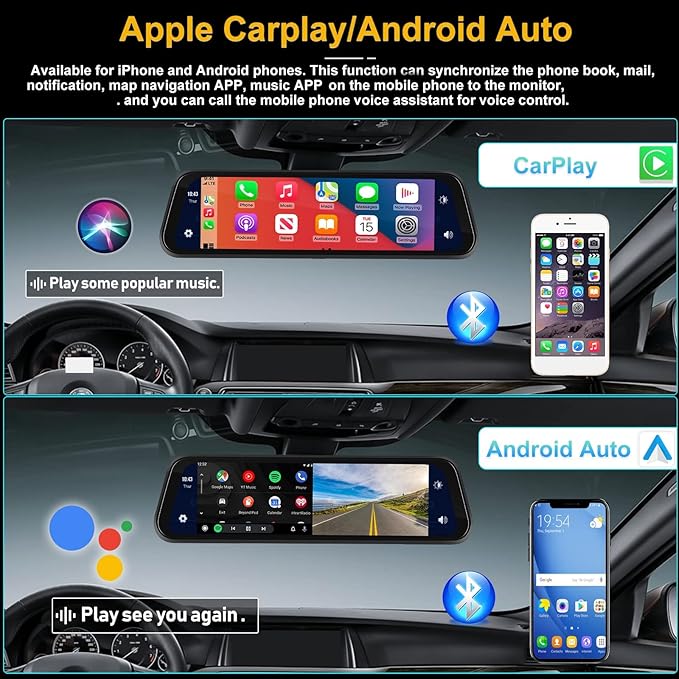 Mirror Dash Cam Front and Rear Camera with Apple Carplay/Android Auto 9.66 inch Mirror Backup Camera for Cars&Trucks Driving Recorder Voice Control 24-Hour Parking Monitoring Waterproof Night Vision