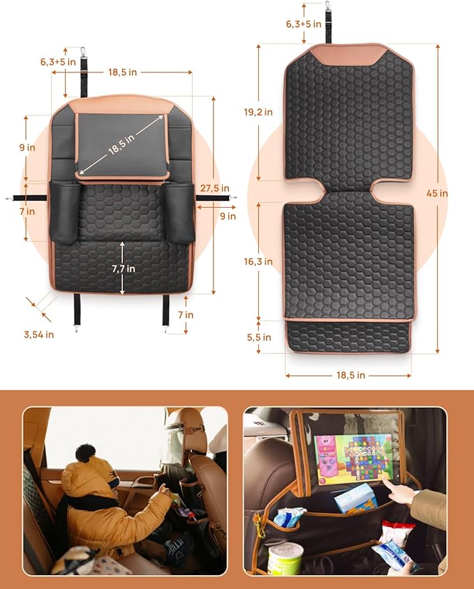 Owleys Set Car Seat Organizer Backseat Back Organizers & Seat Protector Kick Mat Back Of Seat Protector Automotive Organizer Seatback Toy Organization For Kids Behind Black Brown Tan