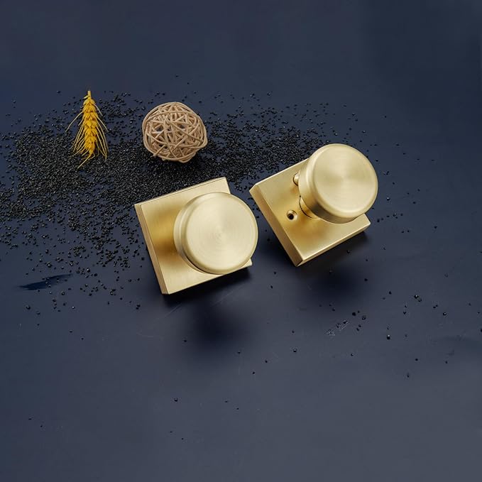 6 Pack Brushed Gold Door Knob with Square Rosette, Heavy Duty Door Knob with Lock, Interior Door Handles for Bath & Bed,