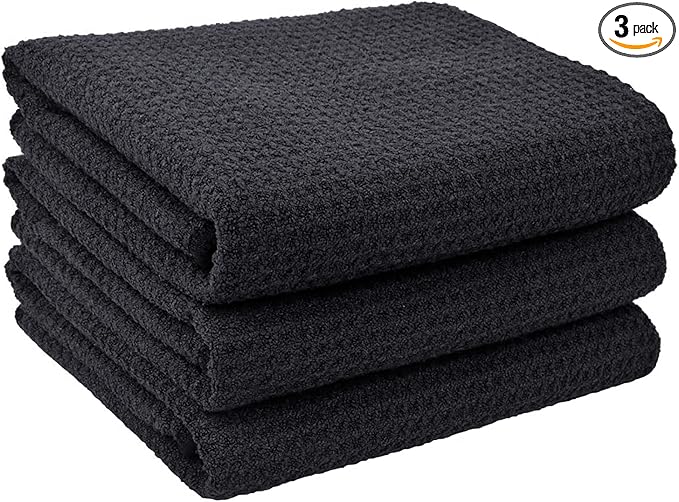 VIVOTE Microfiber Kitchen Dish Towels Waffle Weave Super Soft & Absorbent Tea Towels, Dish Cloths for Kitchen 3 Pack Black 16 x 22 Inch