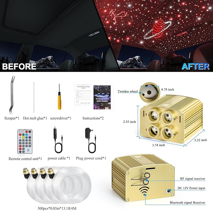 4 Colors 32W Twinkle Car Starlight Headliner Kit 500pcs*0.03in*13.1ft with APP&RF Remote, RGBW Fiber Optic Ceiling Star Lights, 4 Port Engine Sound Activated Star Roof Lights for Car Home Theater