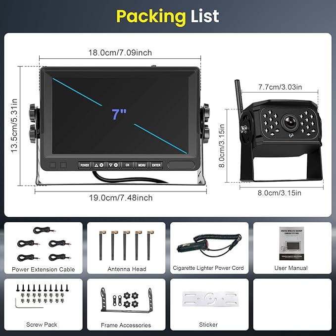 Hodozzy Wireless Backup Camera System Kit, 7 Inch IPS Reversing Monitor with IP68 Waterproof, Quad Split Recording, Night Vision, Manual Zoom,4 Backup Cameras for RV Truck/Trailer/Pickup/Camper