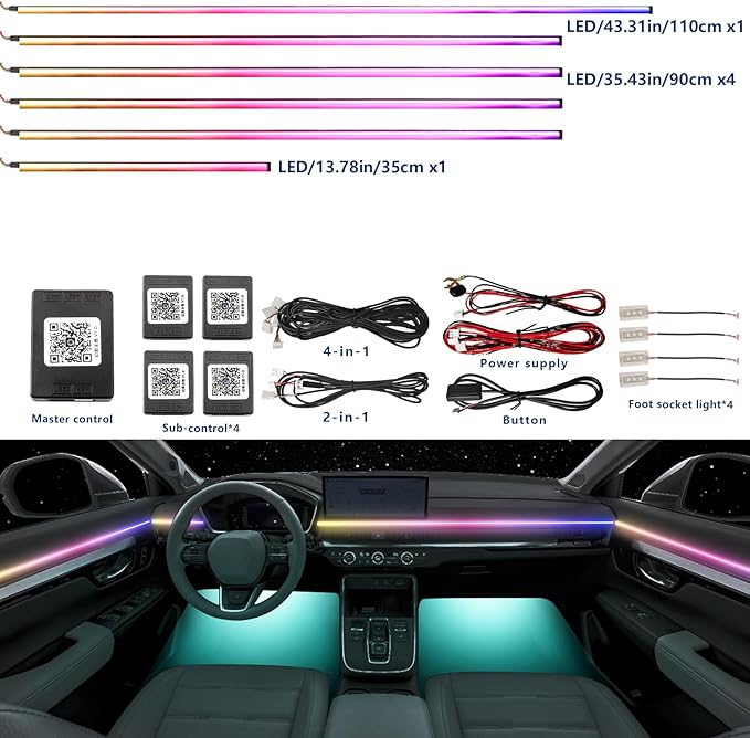 Acrylic Car LED Ambient Light, Fiber Optic Interior Light Strip, 24 Million Types, Ambient Light KKT that Swings with The Melody of Music (Dreamcolor 10 in 1)