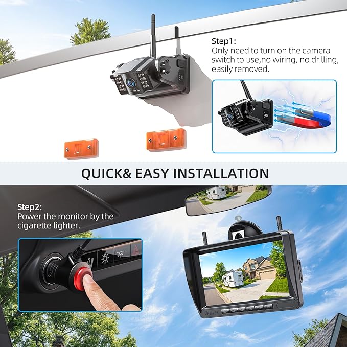 eRapta Dual Magnetic Wireless Backup Cameras - HD1080P 7” DVR Monitor, Stable Signal for RV/Trailer/Truck/Tractor/Camper/Hitch/Travel, 1-Min Install-Free, Clear Night Vision Back Up Camera (ACT702)