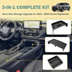 3PCS Center Console Organizer Set Compatible with 2024 2025 2026 Toyota Grand Highlander Accessories — Dashboard Organizer + Front Console Insert Divider + Armrest Storage Box, ABS Storage Tray