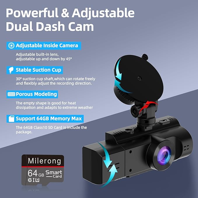 Dual Dash Cam Front and Inside, FHD 1080P Dashcam with 64GB Card, DashCamera for Cars with Night Vision, 24H Parking Monitor, Loop Recording, G-Sensor, WDR, 2.0" Screen for Taxi