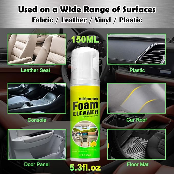 Car Interior Cleaner Foam - Car Dashboard, Seat, Carpet, Upholstery Cleaner, Auto Interior Detailing Spray Leather Vinyl Plastic Cleaner - Remove Stain & Grime & Grease - 150ml
