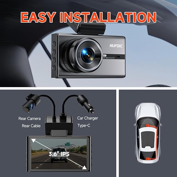 4K Dash Cam,3.6" IPS Touch Screen,1080P Dash Camera for Cars,Built-in WiFi,G-Sensor,Night Vision, Loop Recording,7/24H Parking Mode,Dash Cam Front and Rear with 64GB Card Included