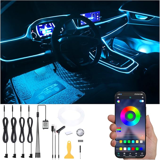 Car Atmosphere Light Kit 5m Fiber Optic RGB Multicolor Sound Active Music Sync Memory Function Bluetooth APP Control 64 Colors USB Car Interior Ambient Lighting Kit DC 12V