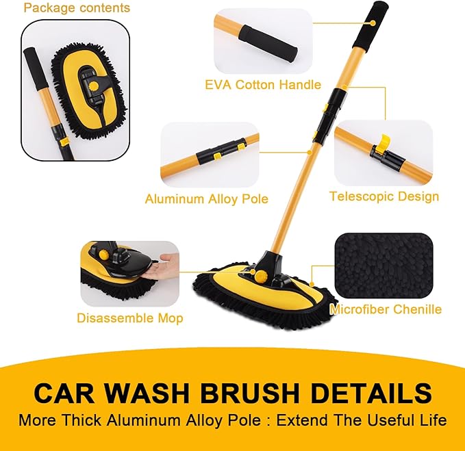 15° Curved Car Wash Brush with 43" Telescopic Handle – Microfiber Chenille Car Wash Mop for RV, SUV, Truck & Boat – Soft, Scratch-Free Extendable Cleaning Tool (Yellow&Black)