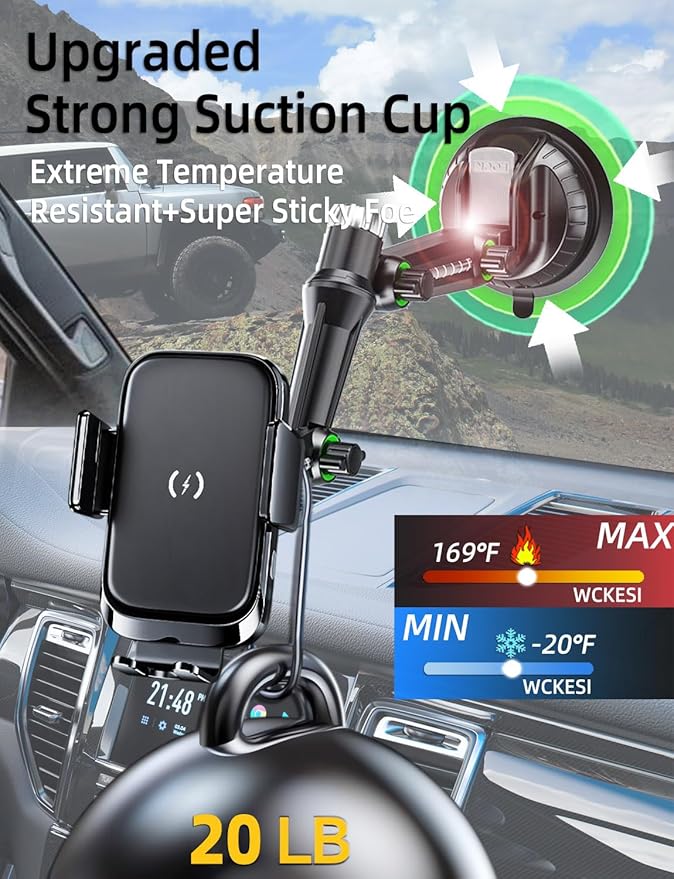 Wireless car Charger Phone Mount Holder for Trucks and Large SUVs, 10-Inch Long Arm 15W Qi2 Fast Charging Heavy Duty Truck Vacuum Phone Holders for Windshield Dashboard, for iPhone Samsung LG