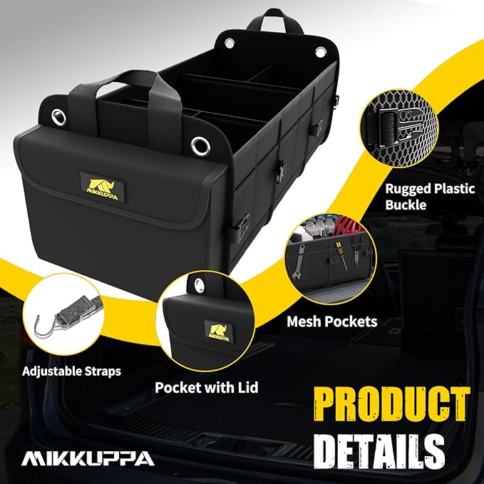 MIKKUPPA Car Trunk Organizer - 100L Large Car Organizer, 1680D Oxford Collapsible Suv Trunk Storage with 2 Adjustable Straps for Auto, Truck, Suv (Black)