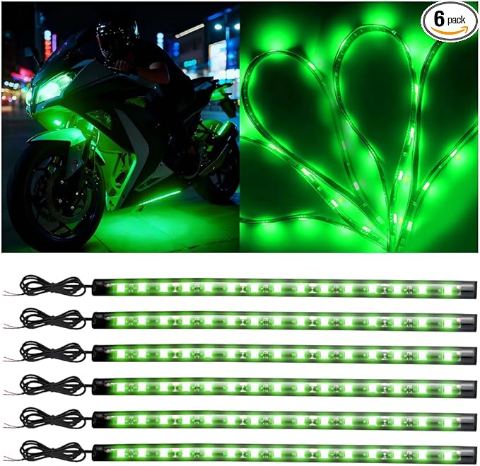 Motorcycle RGB LED Light Kit, 6PCS DC 12V Waterproof Motorbike Underglow Strip Lights Kit, Golf Cart Exterior Ground Effect Atmosphere Lamp, Universal for SUV RV Truck (Green)
