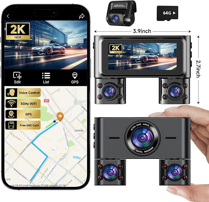 Dash Cam 360°, 4 Channel Camera for Cars Front and Rear Inside, 2K FHD Mini Dashcam, 5G WiFi, GPS, Free 64G Card, Voice Control, WDR, HDR, Night Vision, 24/7 Parking Mode(Upgraded Version V7PLUS)