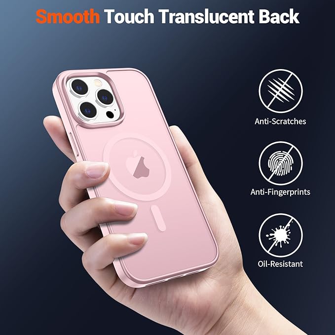 SUPFINE Magnetic for iPhone 14 Pro Case with Screen Protector (Compatible with MagSafe) (Military Grade Drop Protection) Translucent Matte Shockproof Phone Cover,Light Pink