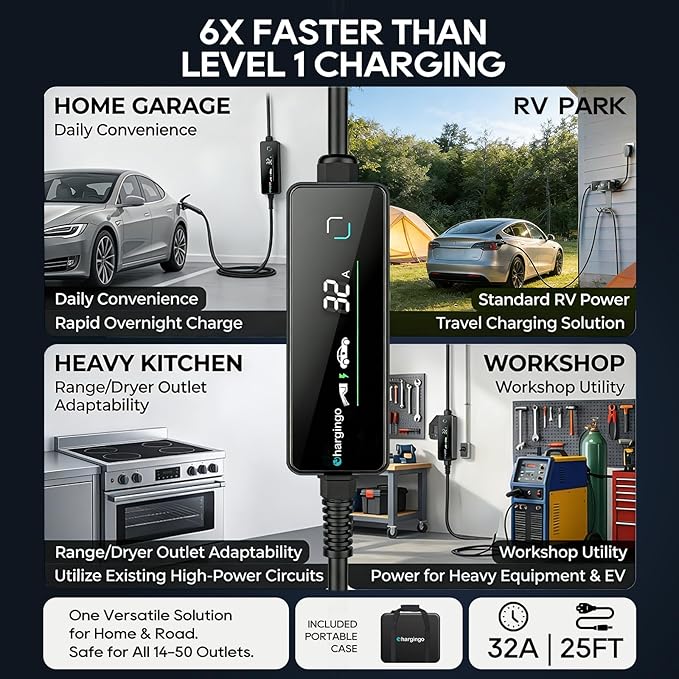 Level 2 EV Portable Charger for Tesla, 32A 240V ETL Certificated,NEMA 14-50,NACS Connector, 25FT Cable, Adjustable 16A-32A, LCD Display, Plug-and-Play Fast Charging Station for Home/Outdoor